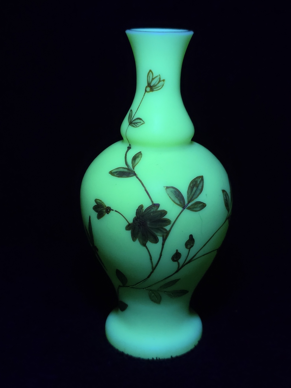 Bohemian Harrach Uranium Glass Vase – Fine Wildflower Enamel, c. 1880s
